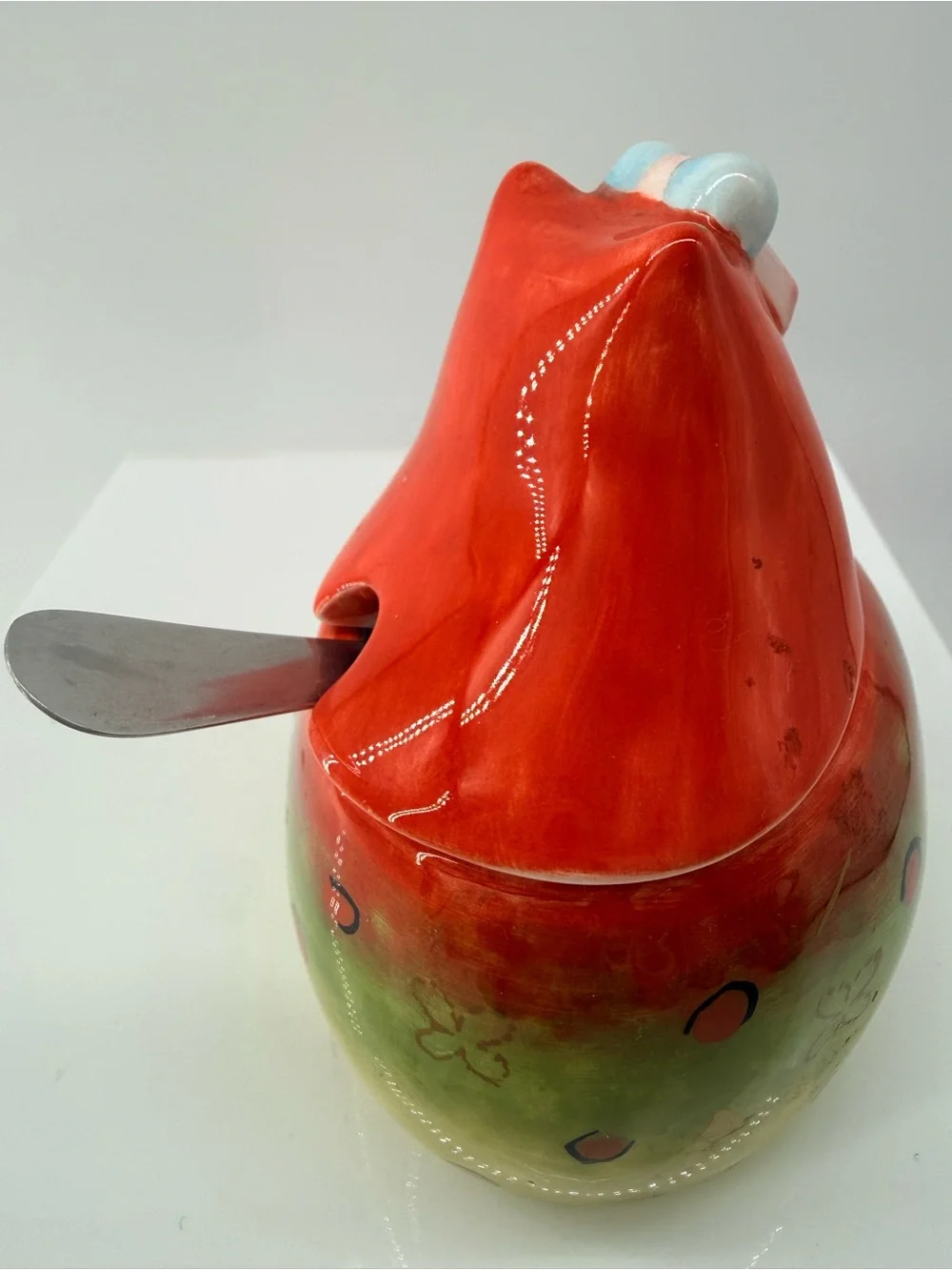 Colorful Red & Green Ceramic Bird Treat Jar